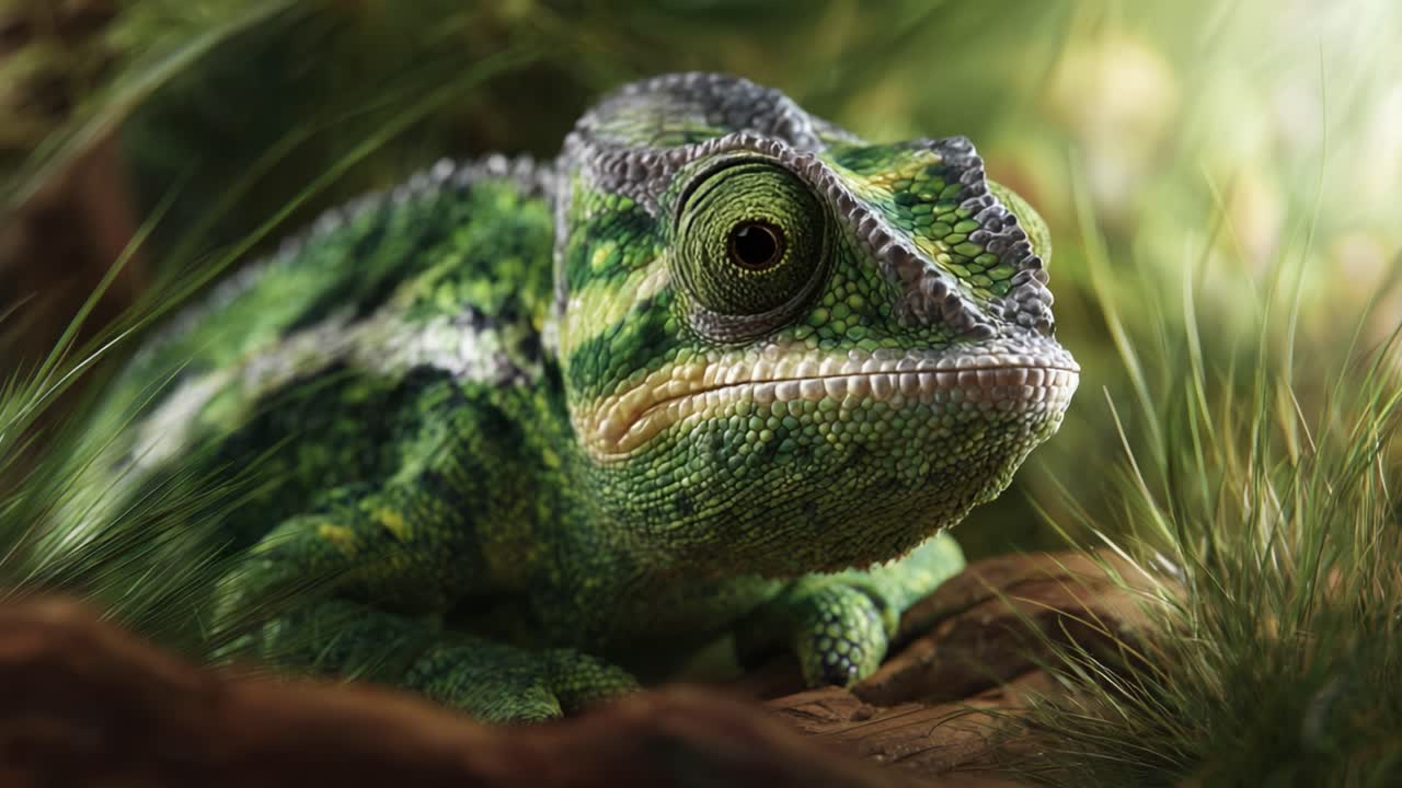 A Stunning Close-Up of a Colorful Chameleon in Its Natural Habitat, Highlighting Intricate Details and Lifelike Textures of Its Scales and Surroundings