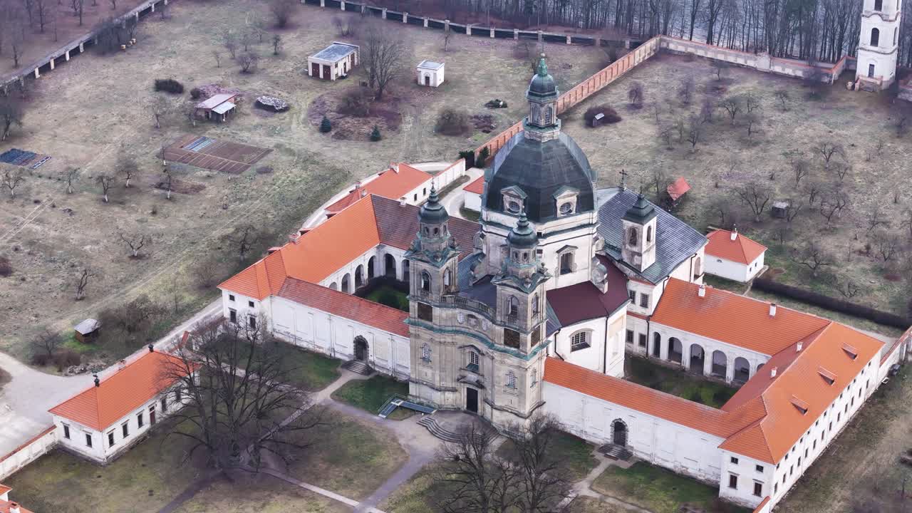 Pazaislis monastery complex in Lithuania, aerial orbit view