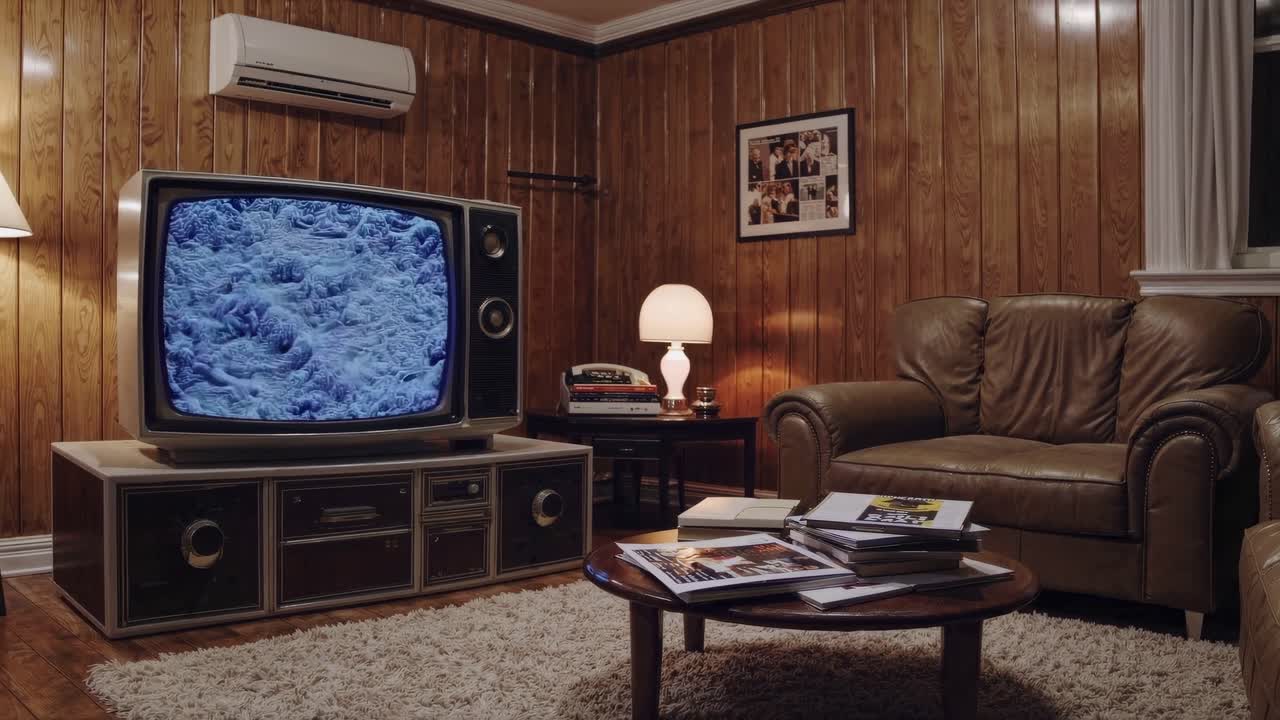 Retro living room with wood paneling, vintage TV displaying static