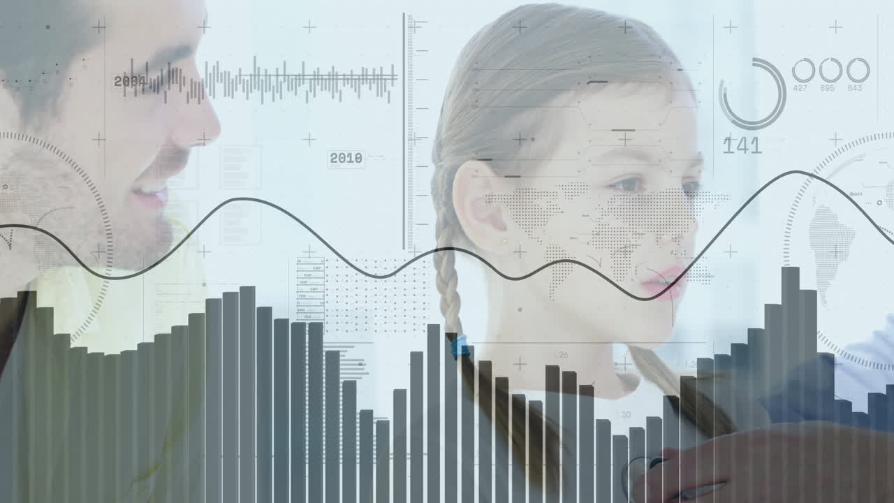 Child girl sitting in clinical room, doctor placing stethoscope, medical bar charts floating