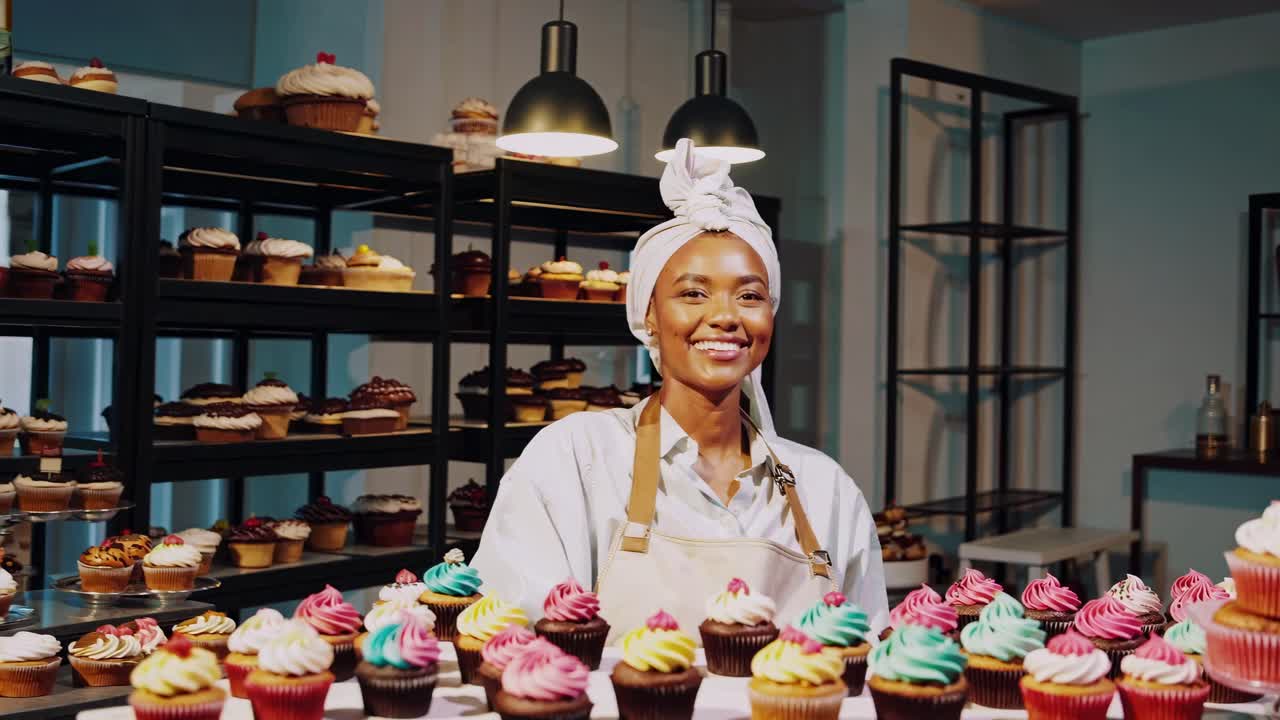 En smilende baker med hodeplagg og forkle står bak et bord med fargerike cupcakes