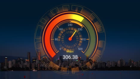Animation-of-orange-speedometer-over-night-cityscape