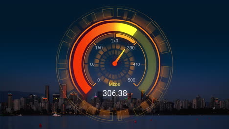 animation of orange speedometer over night cityscape