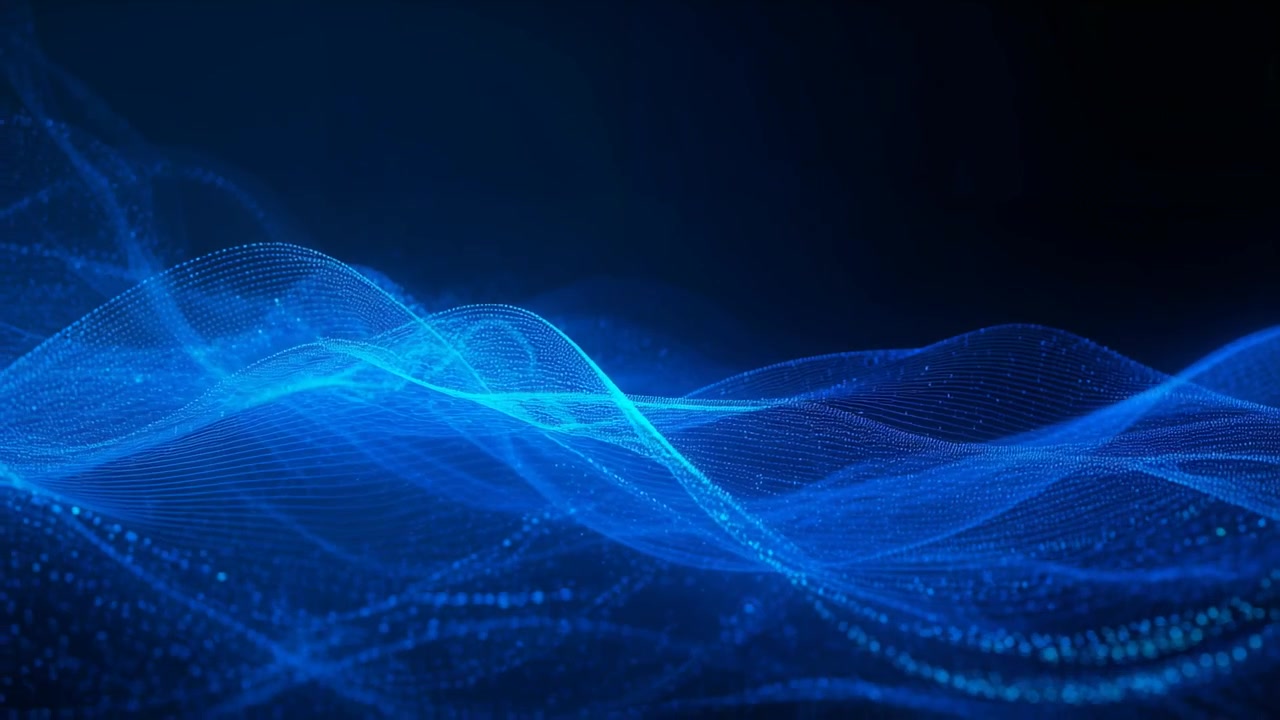 Rising bright ribbon undulating blue mesh waves moving across dark void, particles adding depth