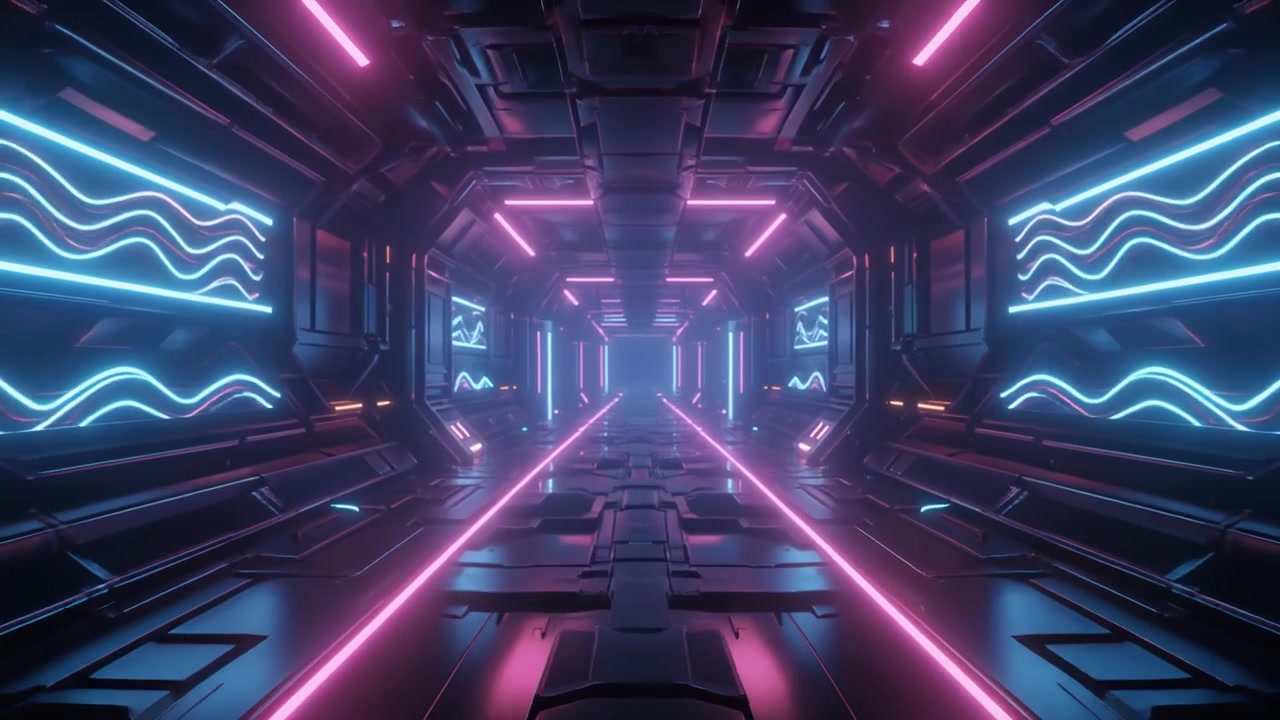 Corridoio fantascientifico futuristico con luci al neon incandescenti.
