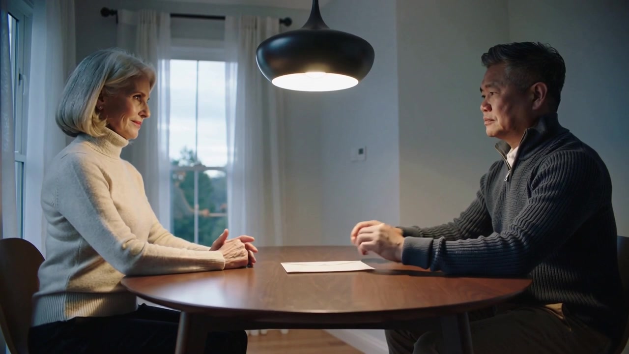 Reading paper, man placing it at dining table under lamp for discussion, woman in sweater watching