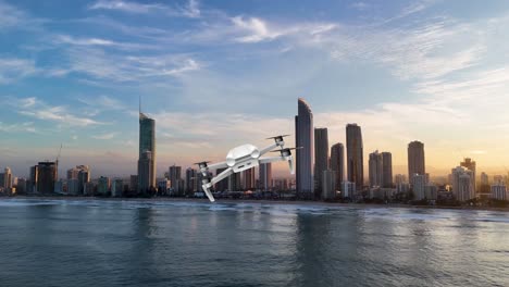 a drone smoothly navigates above a city skyline by the ocean during a vibrant sunset, capturing dynamic aerial views