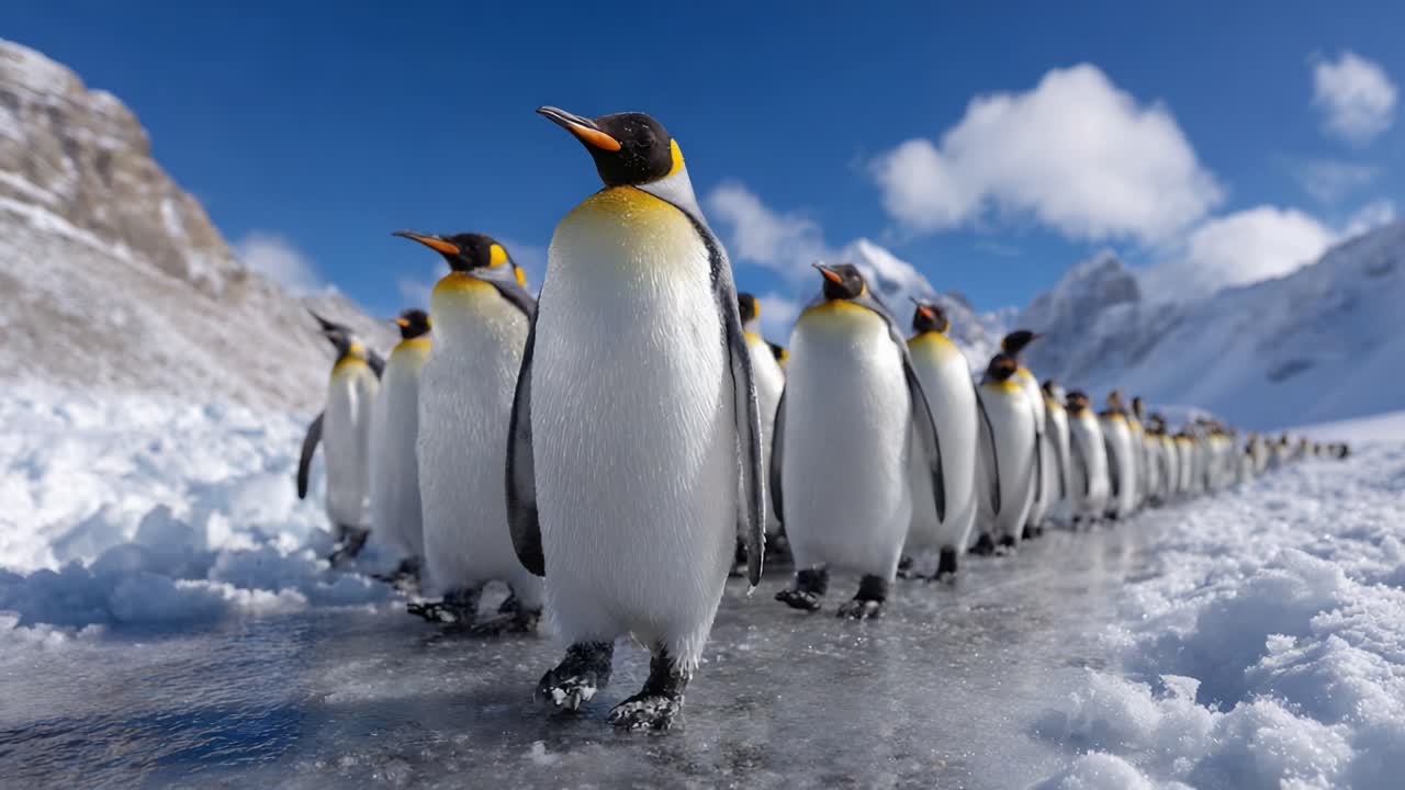 A Majestic Line of Emperor Penguins Walking Across a Snowy Landscape Under a Bright Blue Sky, Capturing the Beauty and Resilience of Nature in the Arctic Environment