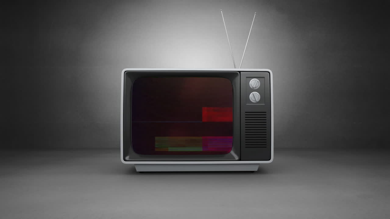 Vecchia TV che si accende con animazione sullo schermo e uno sfondo grigio
