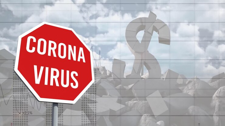 Animazione di un segnale di stop al coronavirus e di un simbolo del dollaro americano che si sgretola.