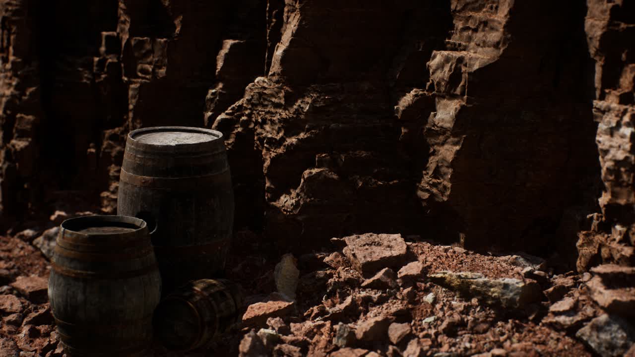 캐니언의 돌 벽 근처에 있는 오래된 목조 빈티지 와인 배럴