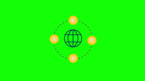 Animación-En-Bucle-De-Iconos-De-Cambio-De-Dinero-Mundial-Con-Canal-Alfa,-Fondo-Transparente,-Prores-444