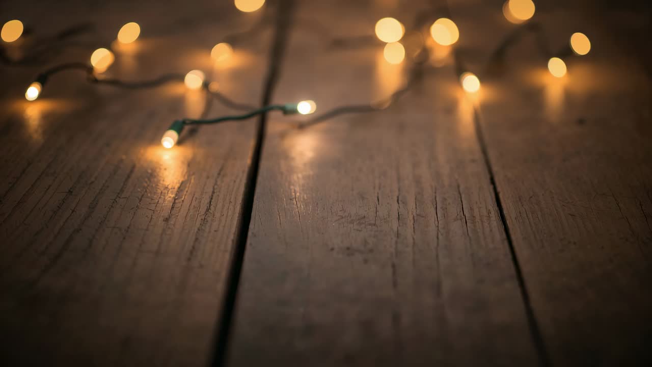 Shifting camera focus revealing warm white lights with green wire on wooden planks to show bokeh