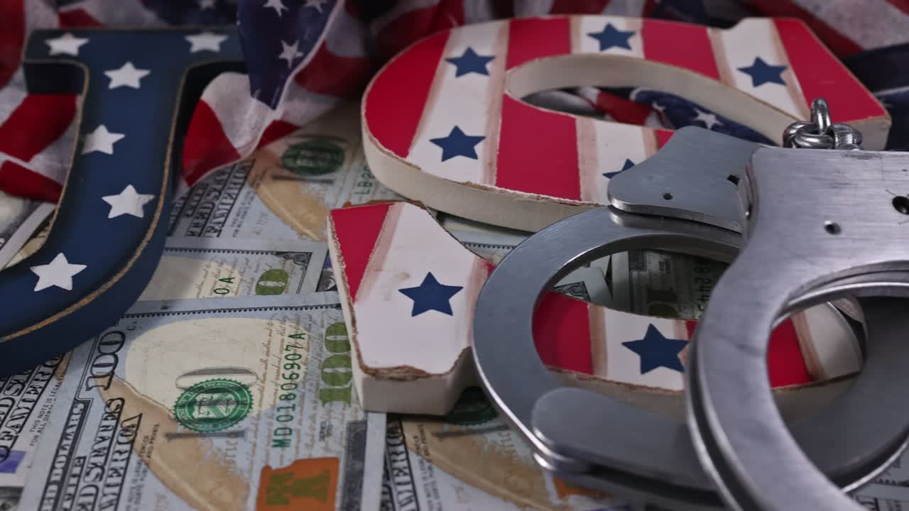 US financial regulation of economic US sanctions with USA flag US dollars banknotes handcuffs