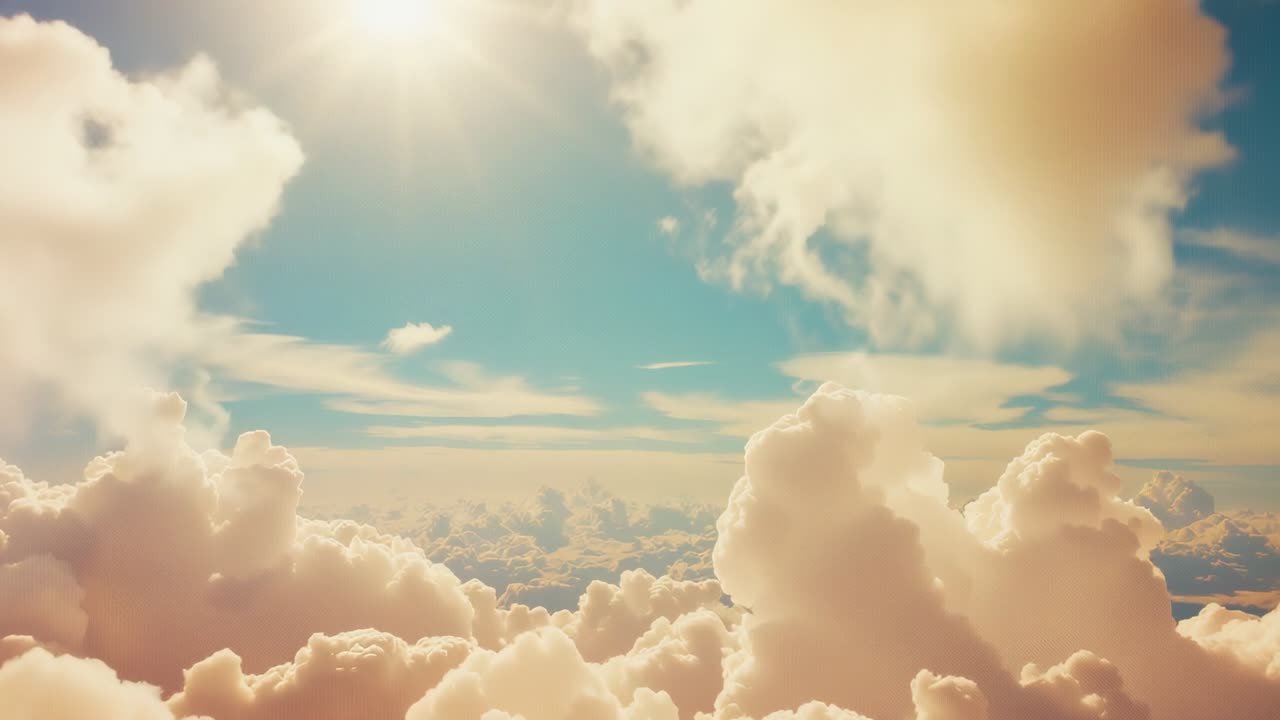 Panning camera over sunlit high-altitude cumulus after sunburst, revealing clear turquoise sky