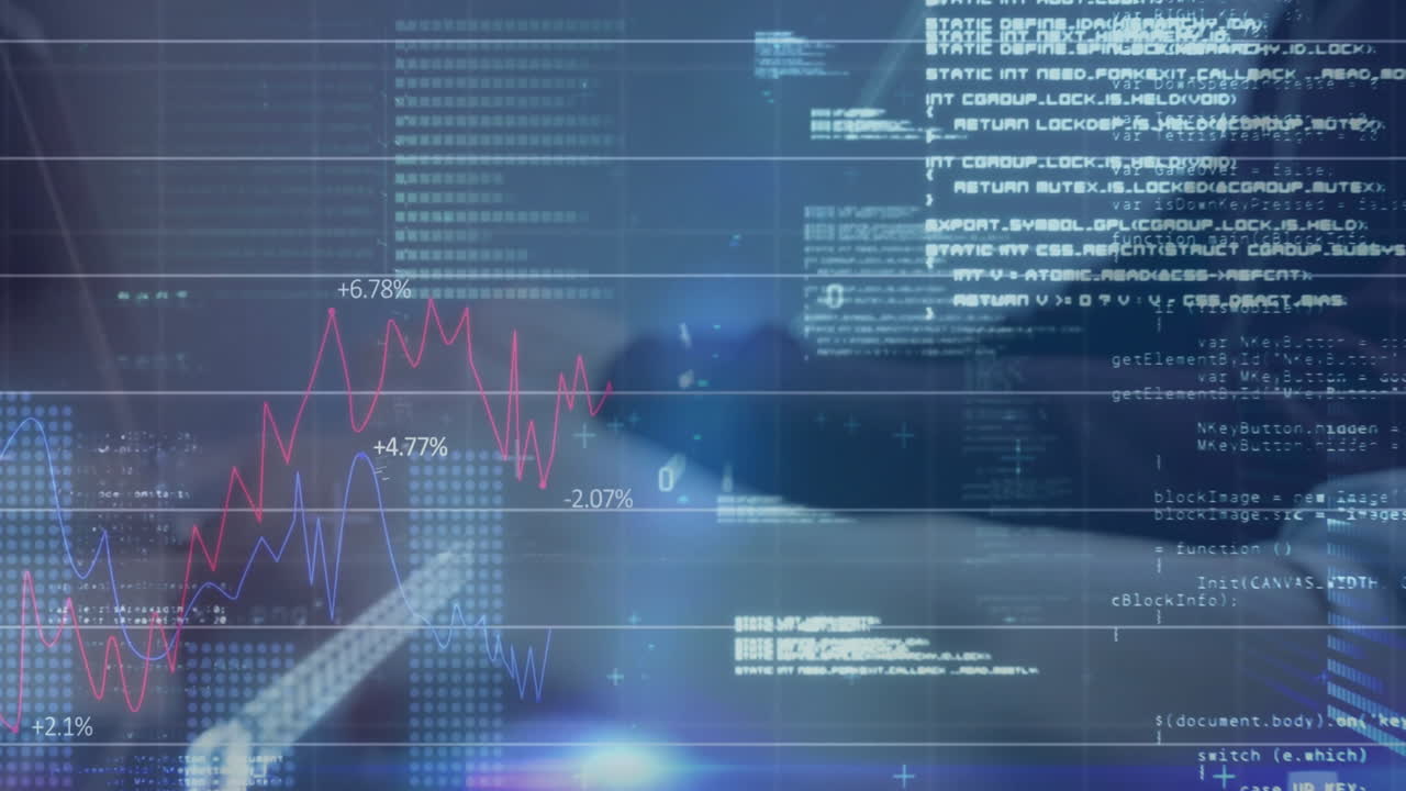 Animation of financial data processing over caucasian businessman using laptop