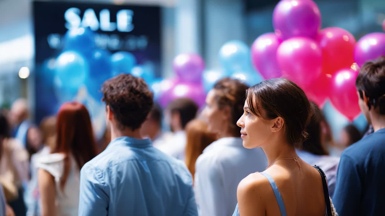 A vibrant scene capturing a crowd enjoying a festive sale event, highlighted by colorful balloons in shades of blue and pink, creating an energetic atmosphere that invites excitement and engagement for shoppers