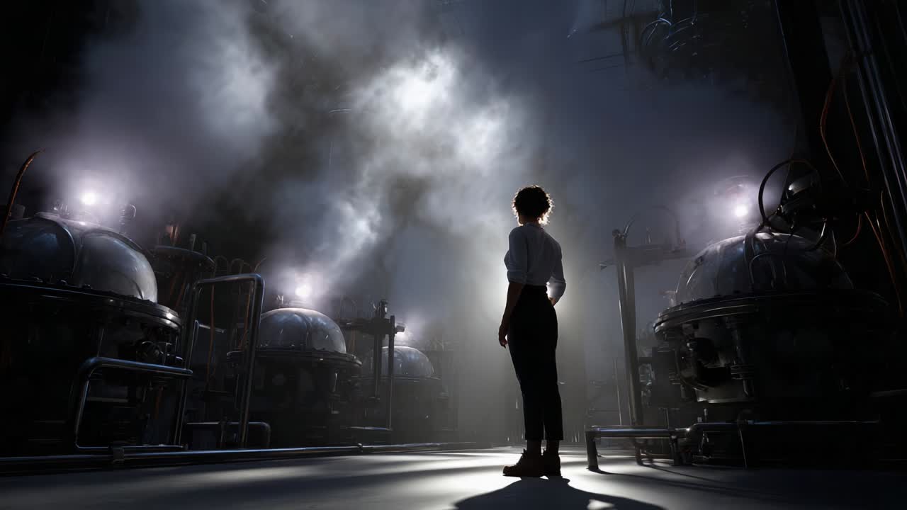 A figure stands in a dimly lit industrial environment filled with machinery, surrounded by billowing steam and eerie lighting that creates an intense atmosphere, reflecting a moment of contemplation and curiosity