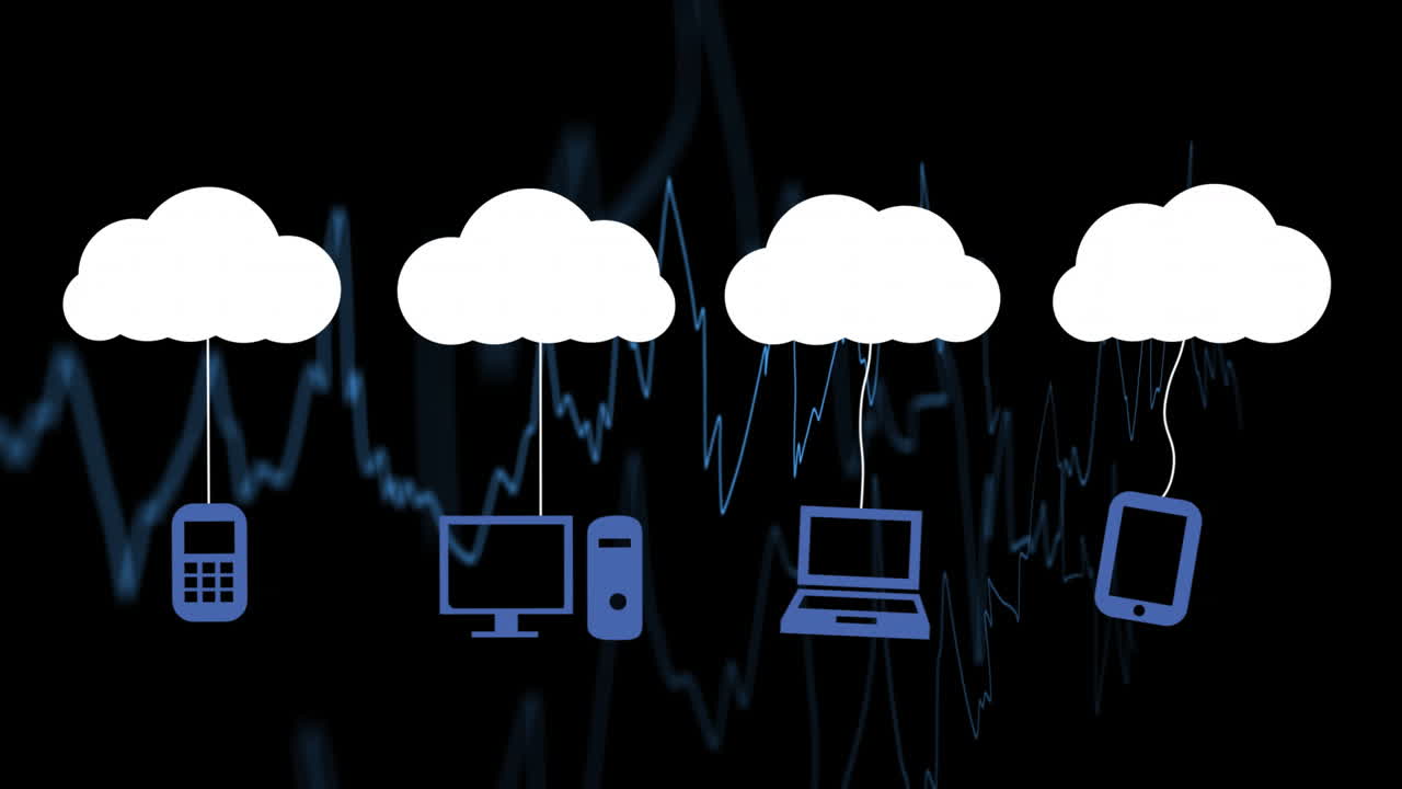 Connected to cloud icons, devices illustrating cloud computing concept with data lines