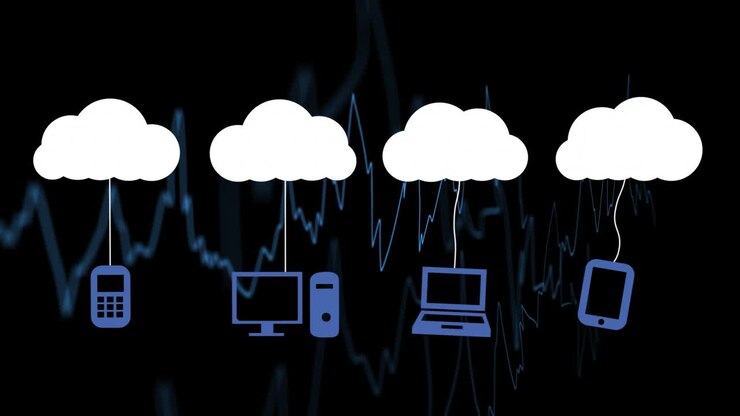 Connected to cloud icons, devices illustrating cloud computing concept with data lines