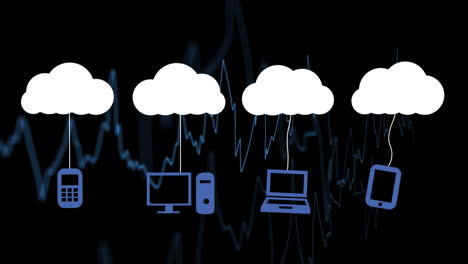 Connected to cloud icons, devices illustrating cloud computing concept with data lines