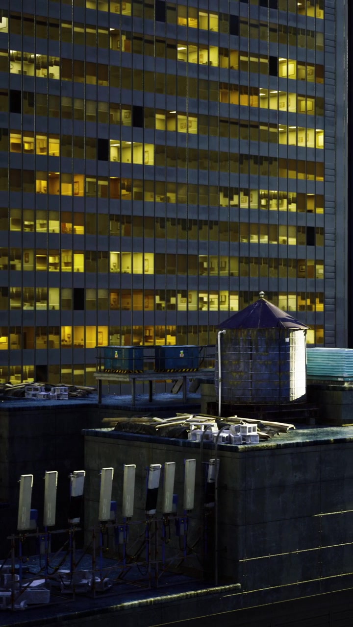 Edificios de la ciudad por la noche con luces brillando desde las ventanas y estructuras en la azotea.