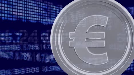 digital animation of silver euro cent coin against stock market data processing against blue backgro