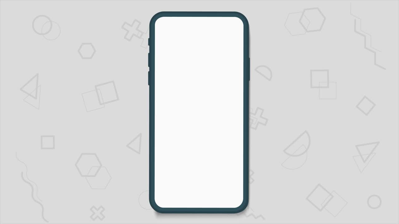 Green smartphone with retro abstract 80's 90's design pattern background. Memphis style with geometrical shapes of different vintage colors.