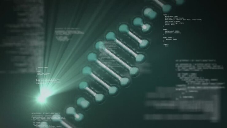 Animation of dna, data processing and light over dark background