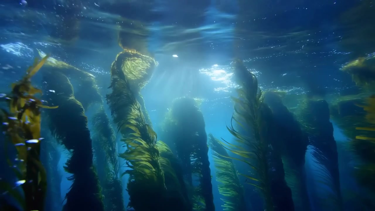 Foresta di alghe sottomarina con raggi di sole, alte fronde di kelp ondeggianti, piccoli pesci che nuotano in banchi tra gli steli, bolle.