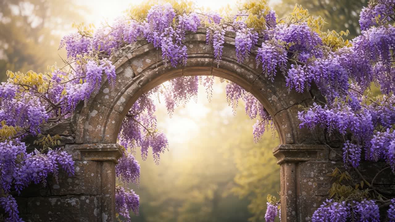 A Serene Archway Surrounded by Lush Wisteria in Bloom, Inviting Peaceful Reflection and Exploration Through a Natural Passageway Filled with Gentle Light