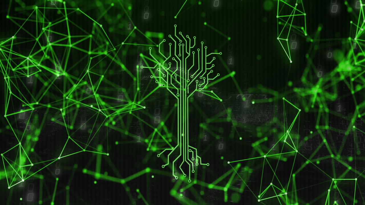 Animation of circuit tree with green digital network connections in background