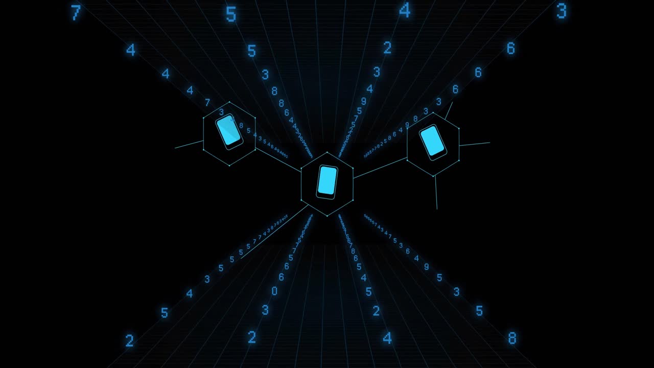 Animation of data processing with icons on black background