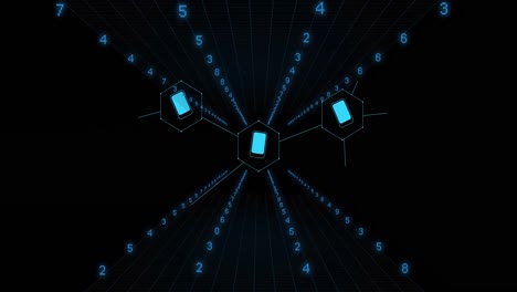 Animation of data processing with icons on black background