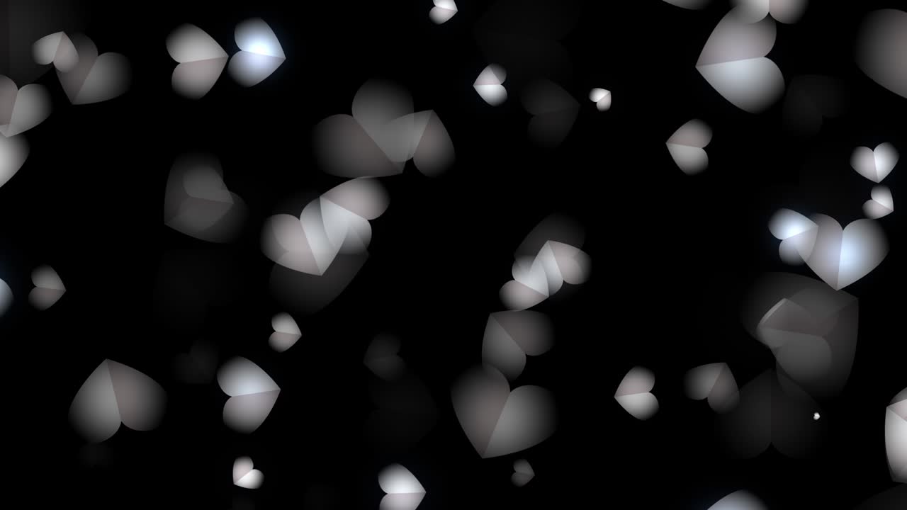 4k 3d render abstracto corazones blancos brillantes partículas se desvanecen en bokeh flotando en el fondo de la pantalla negra. animación de bucle de romance para el amor, día de la madre, matrimonio, día de san valentín, aniversario de bodas amor.