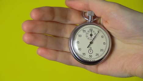 a woman's hand holds an analog stopwatch on a yellow background.