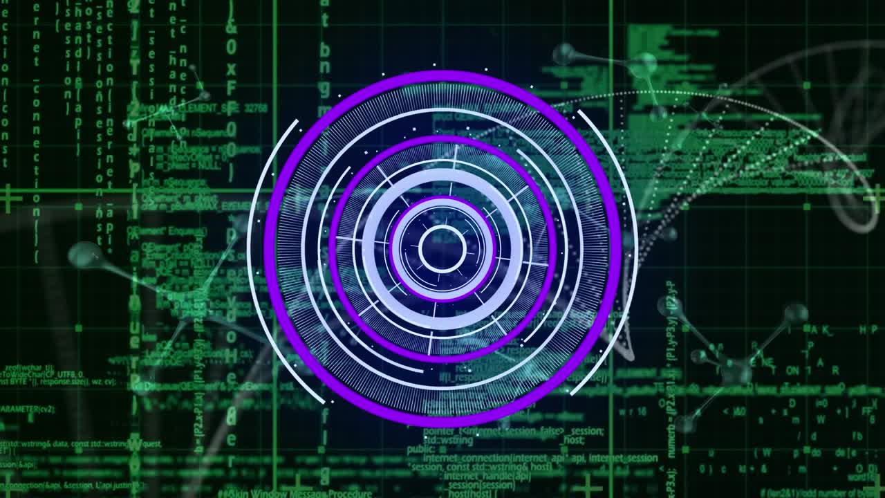 Animation of round scanner over dna and molecular structures against data processing
