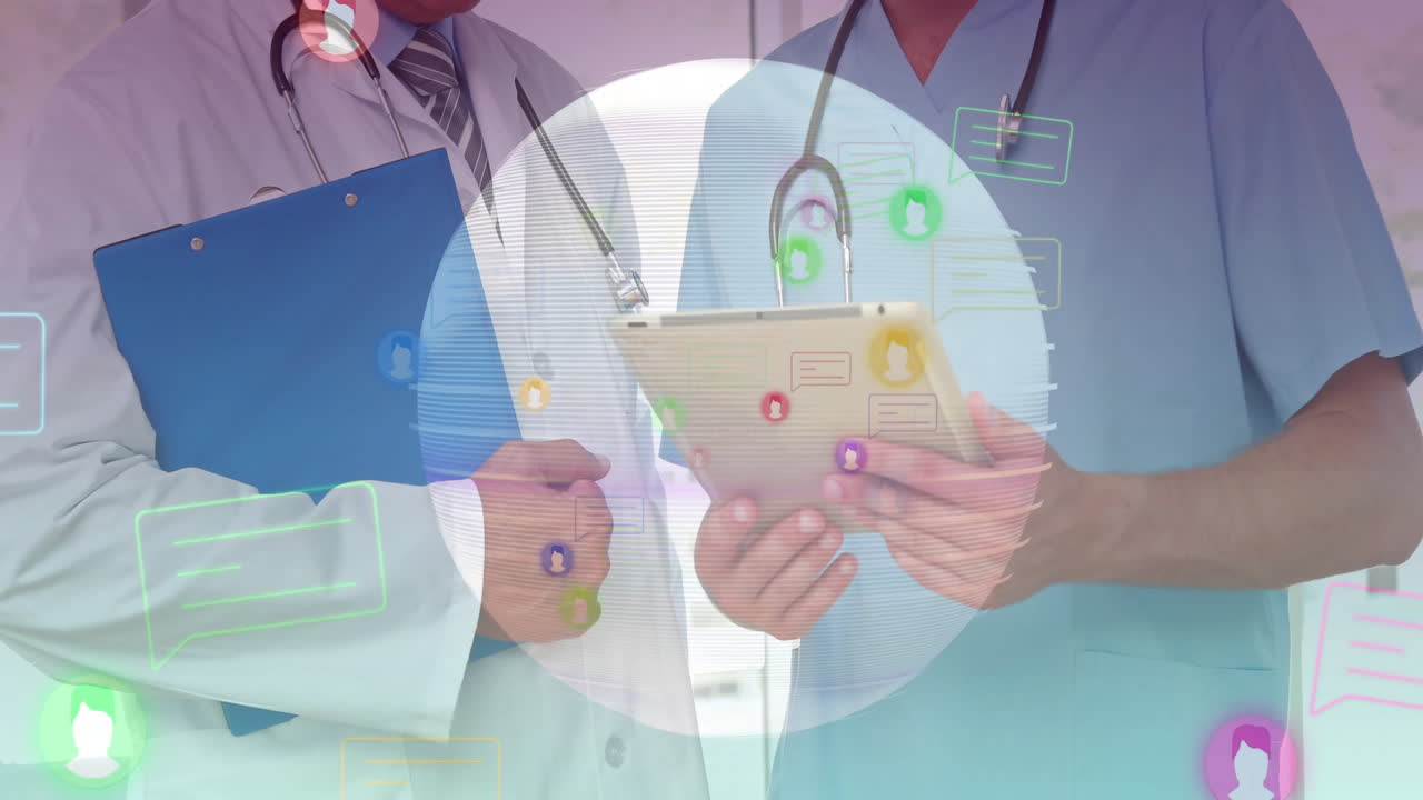 다양한 남성 의사에 대한 소셜 미디어 아이콘과 글로브의 애니메이션