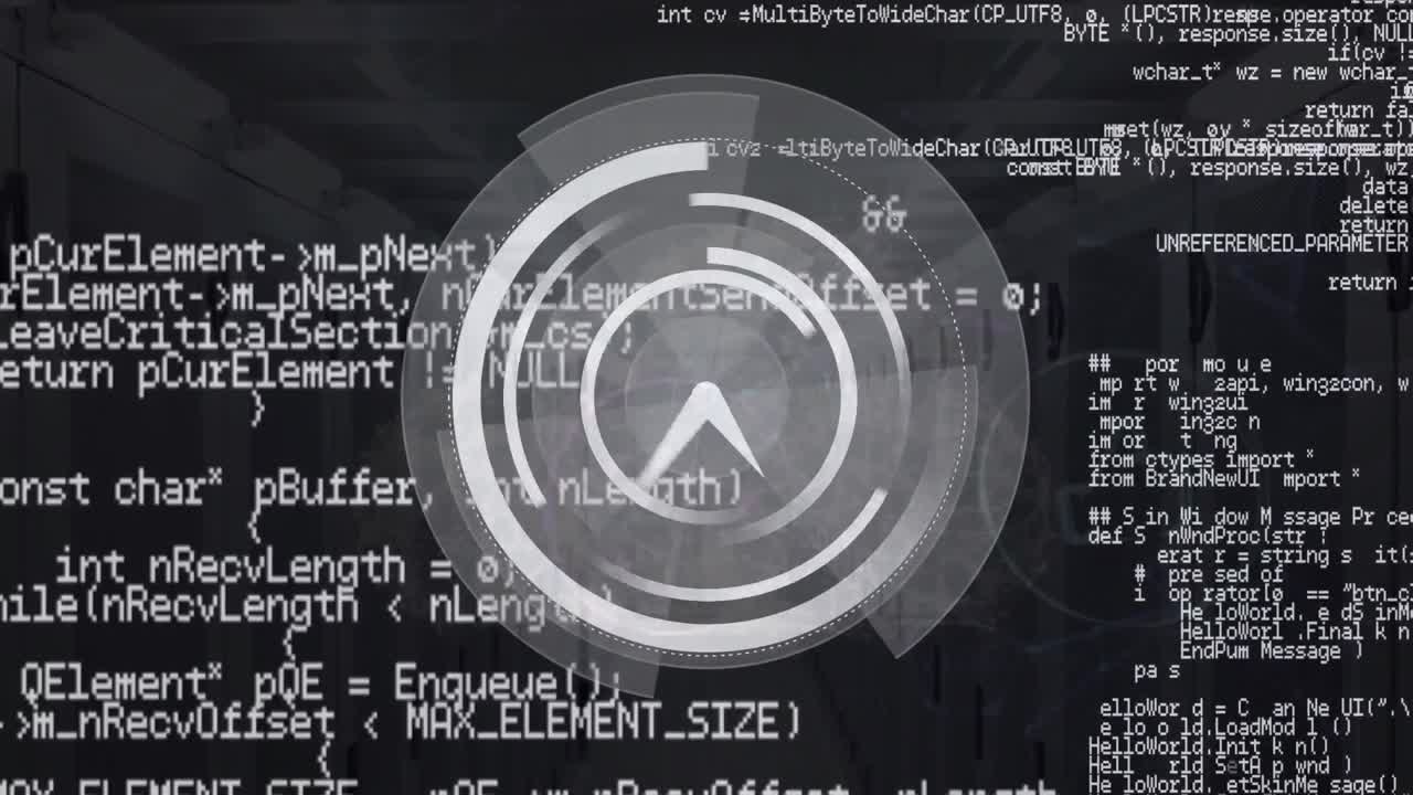 Animation of looping computer language over clock in loading circles against server room