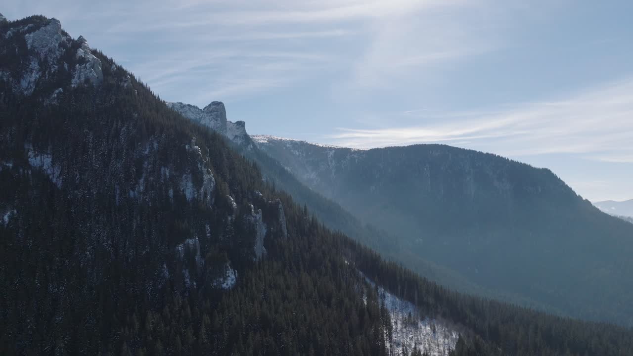 cordillera cubierta de nieve con bosques de hoja perenne bajo un cielo azul brillante, vista aérea