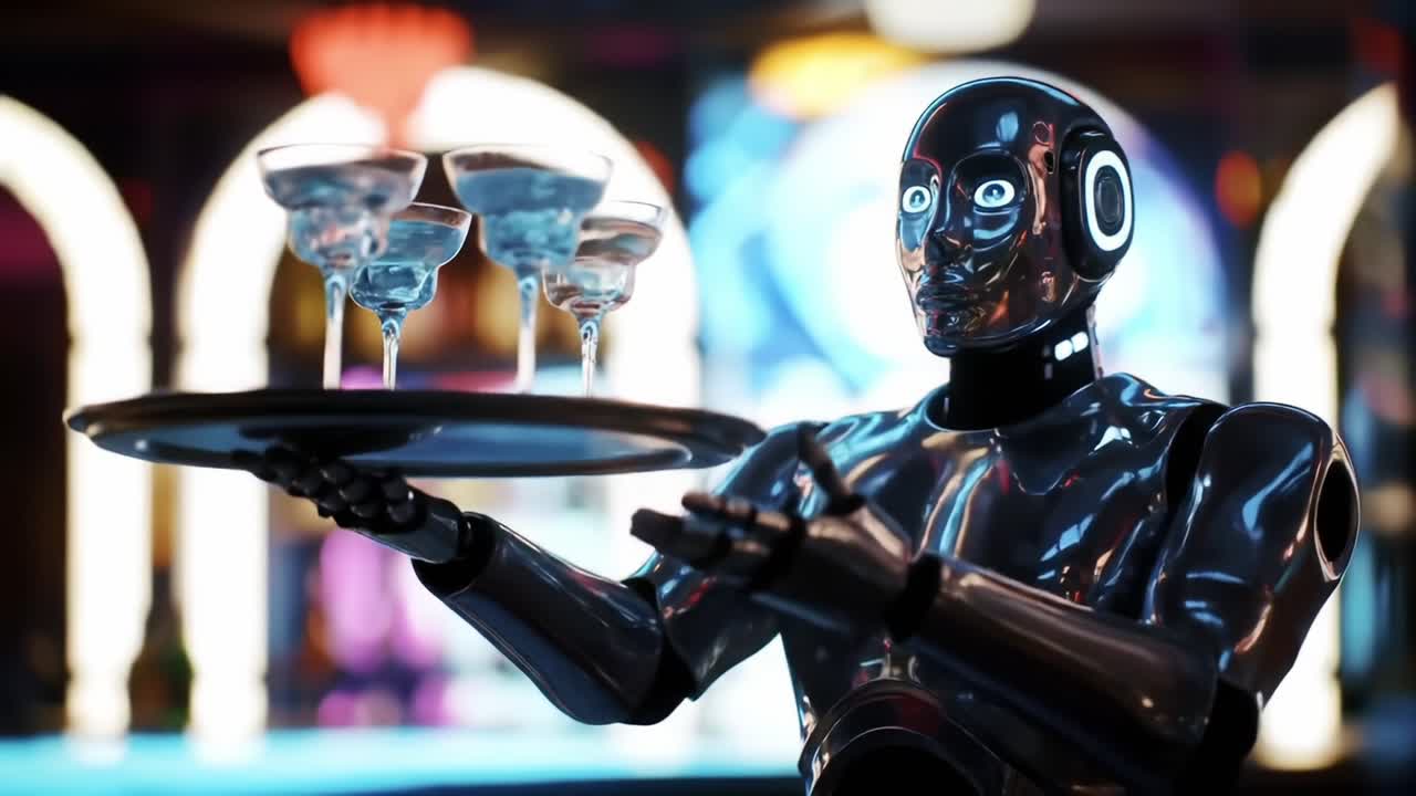 A Futuristic Robotic Bartender Elegantly Serves Cocktails in a Vibrant and Stylish Bar Atmosphere, Showcasing Advanced Technology and Hospitality in a Dynamic Setting
