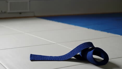 blue martial arts belt on training mat