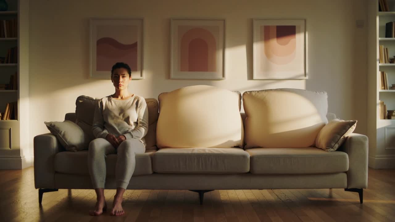 Sitting woman in sweater at home on sofa inserts shifting, cushions bulging deflating, copy space