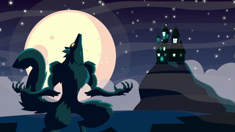 werewolf and haunted castle at night