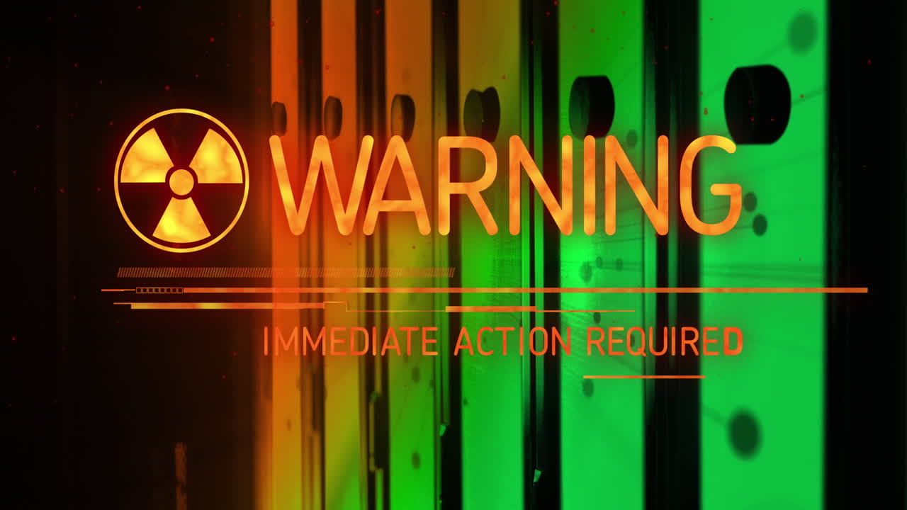 animación de un cartel de texto de advertencia con un símbolo radiactivo contra la sala del servidor informático