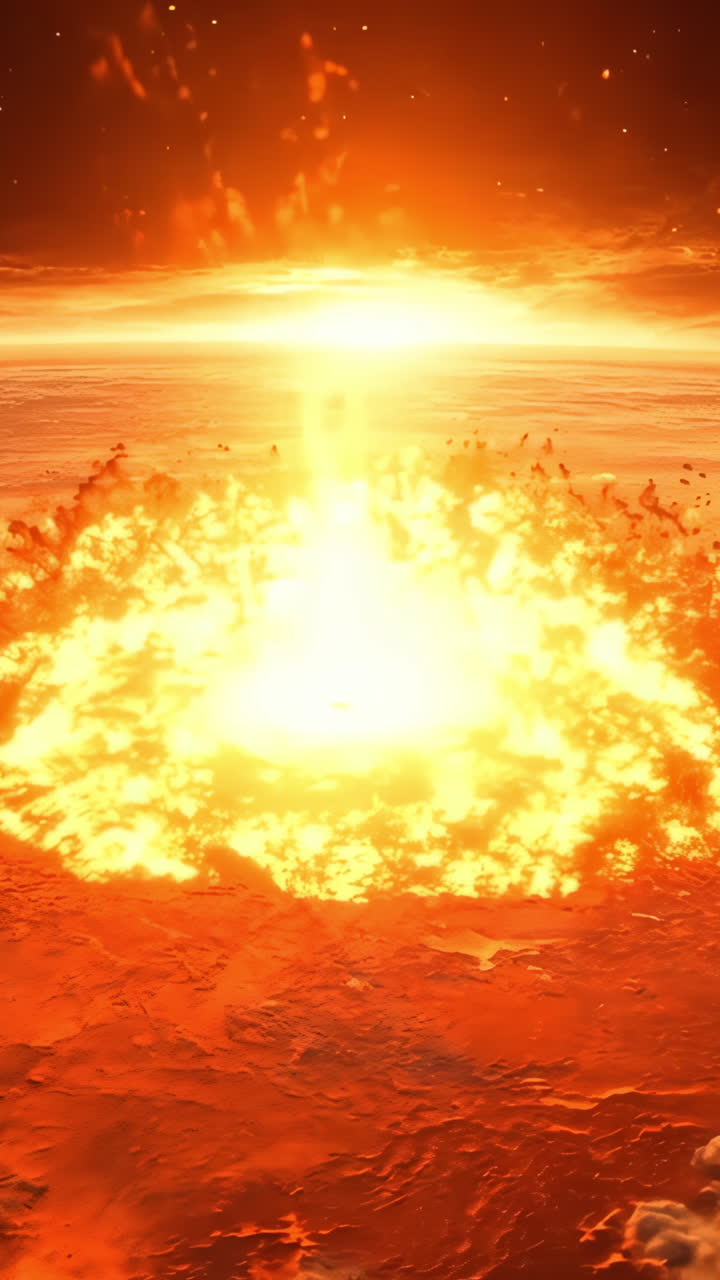 A fiery explosion is depicted in the sky, with the sun shining brightly in the background. The scene is intense and dramatic, with the fire and smoke filling the sky. Scene is one of chaos