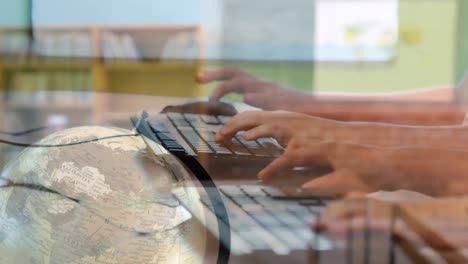 animation of children typing on computer keyboard at school with globe and classroom in background