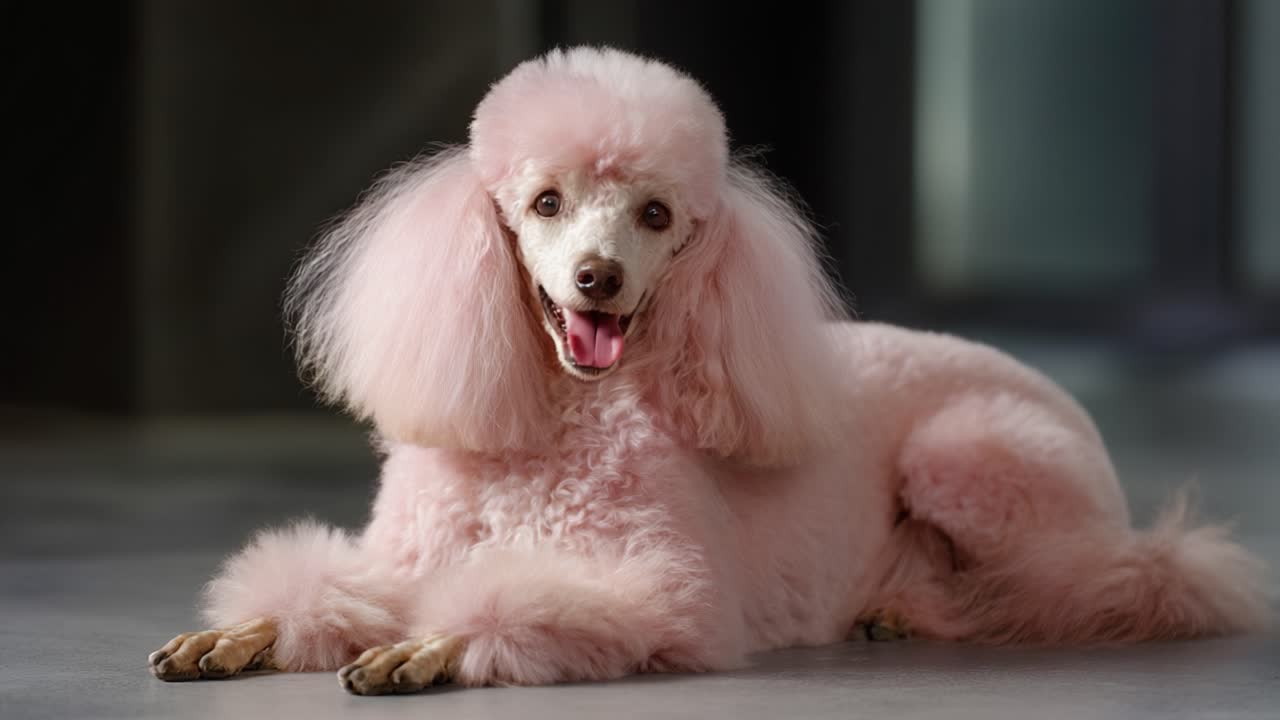 Un bellissimo barboncino rosa che si rilassa tranquillamente con un'espressione allegra, che mette in mostra il vibrante stile di toelettatura e l'affascinante personalità di questi adorabili cani
