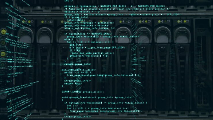 Анимация обработки синих данных над технологической машиной