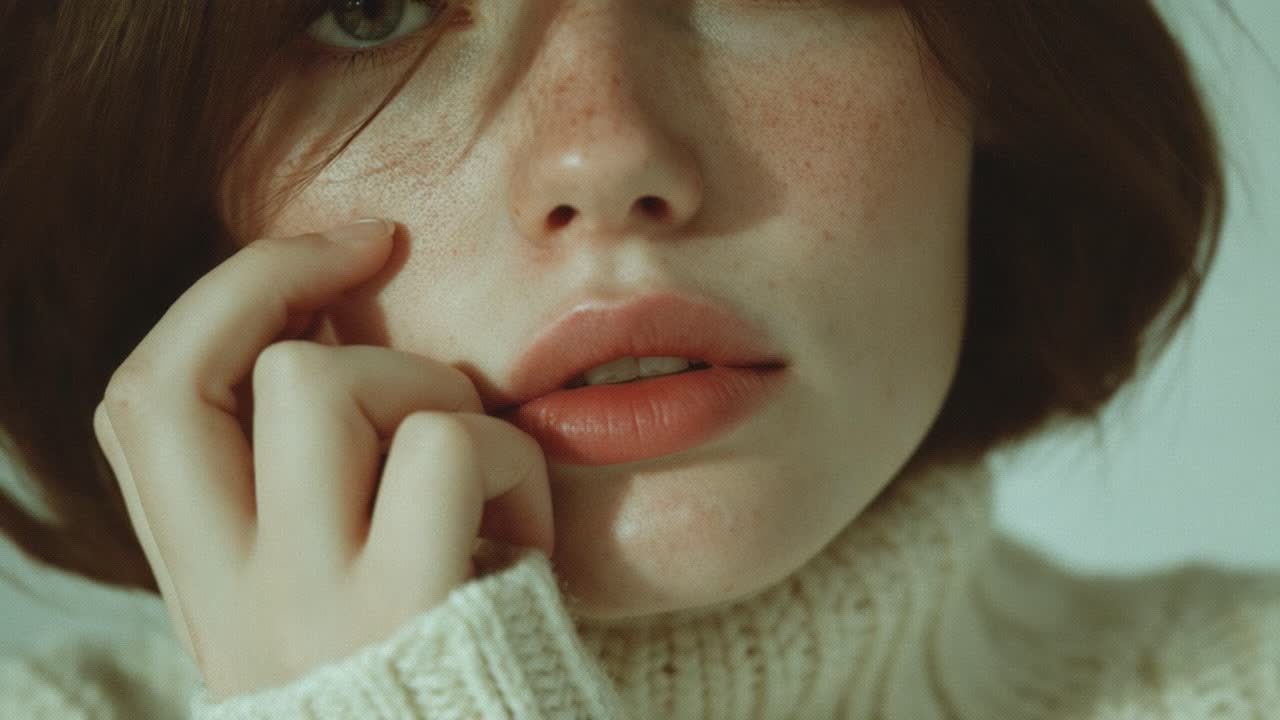 A Close-Up Portrait of a Thoughtful Young Woman with Freckles, Wearing a Cozy Sweater, in Soft Lighting and Natural Tones, Capturing Emotion and Introspection